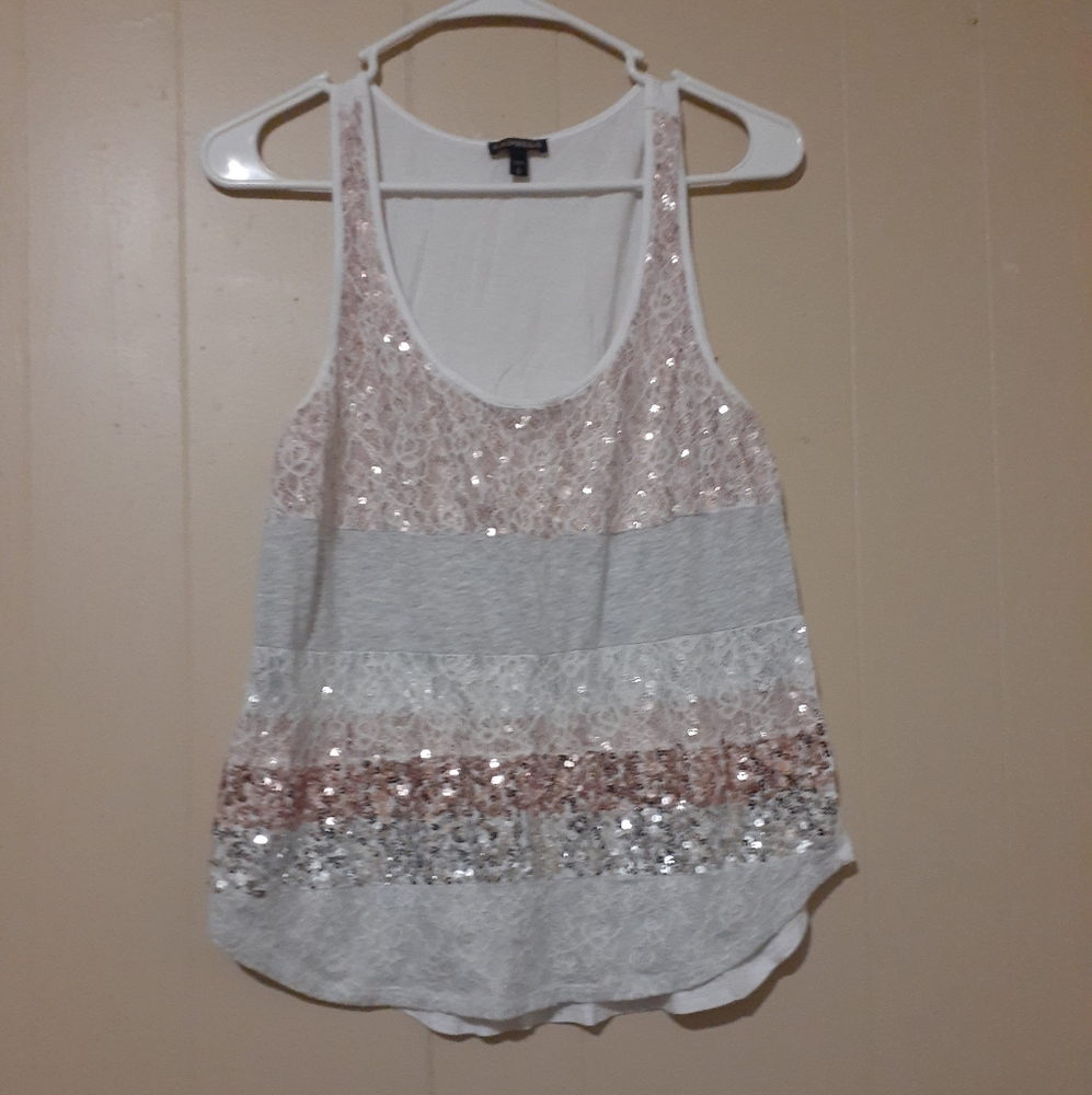 Express sequin lace gray pink tank top small